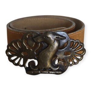 Vintage 70s Calderon Tan Leather Belt w/ Brass Deer Buckle – Size M